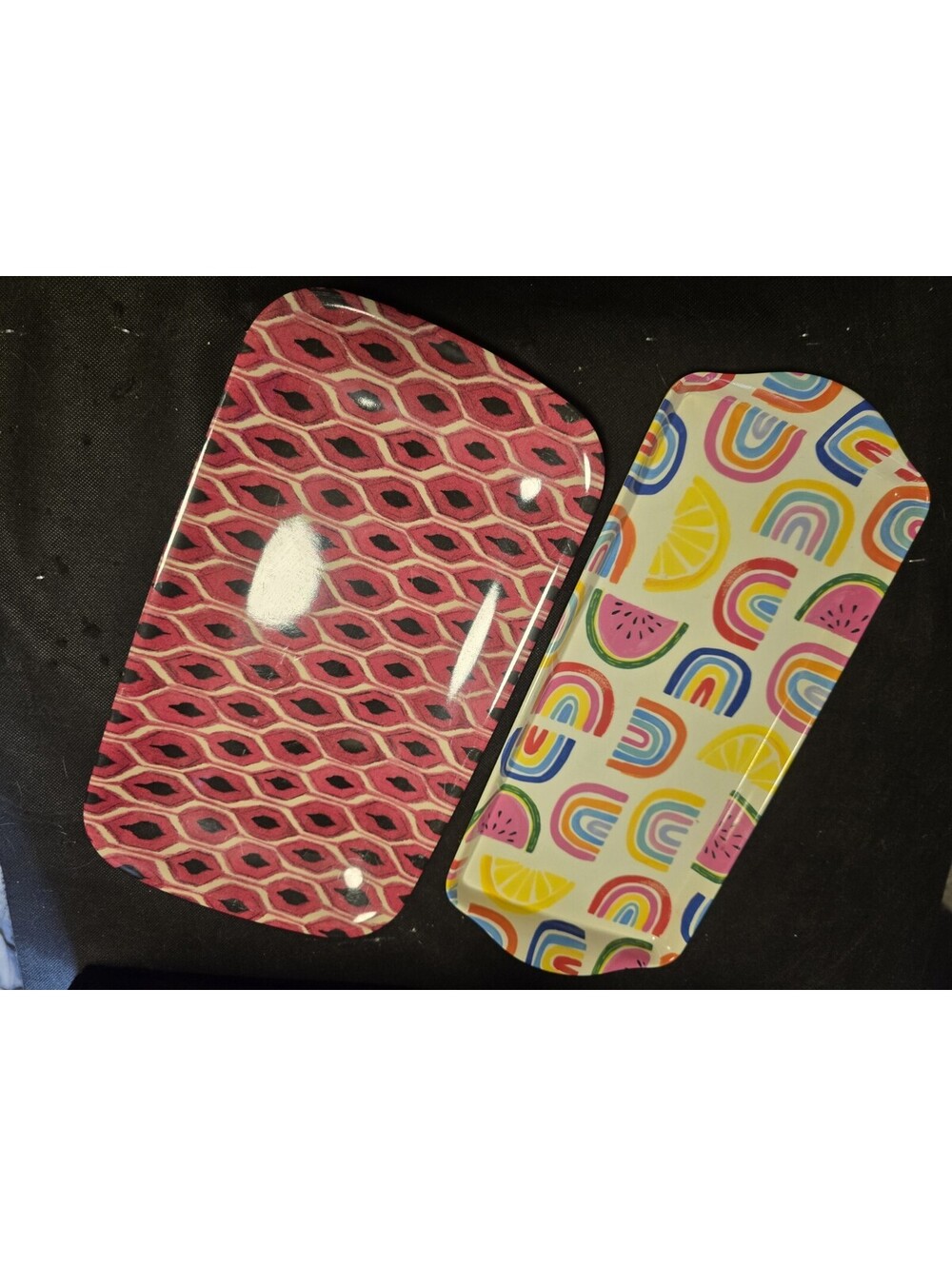 Melamine Serving Tray Set of 2 Rainbow Watermelon Lemon & Pink Ikat Vanity Trays